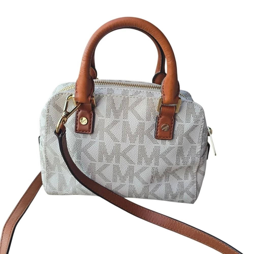 Michael Kors Cream & Brown Satchel with Monogram Pattern